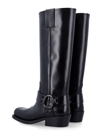 Valentino Rockstud Biker Knee-high Leather Boots In Black