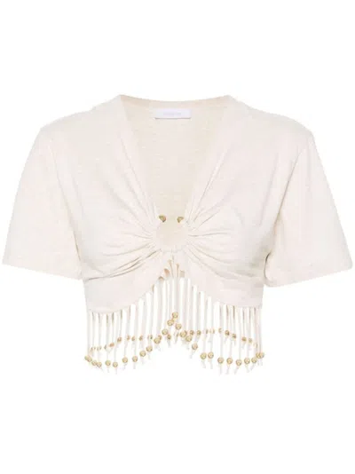 Rabanne Fringed Beaded Cotton Jersey Crop Top In Neutrals