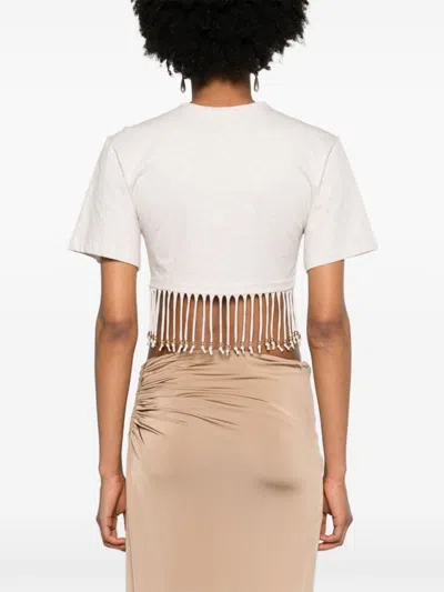 Rabanne Fringed Beaded Cotton Jersey Crop Top In Neutrals