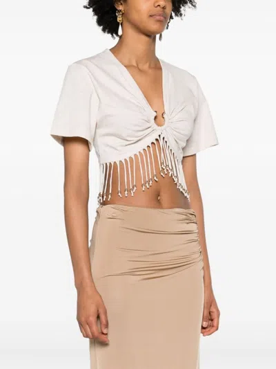 Rabanne Fringed Beaded Cotton Jersey Crop Top In Neutrals