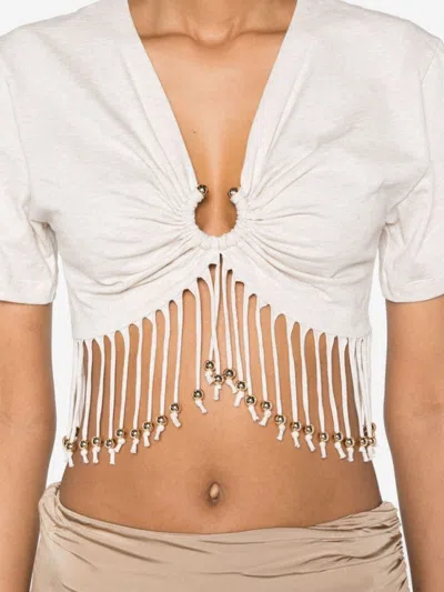 Rabanne Fringed Beaded Cotton Jersey Crop Top In Neutrals