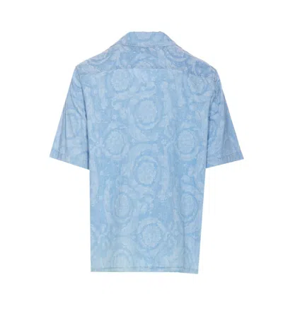 Versace Camp-collar Cotton-chambray Jacquard Shirt In Blue