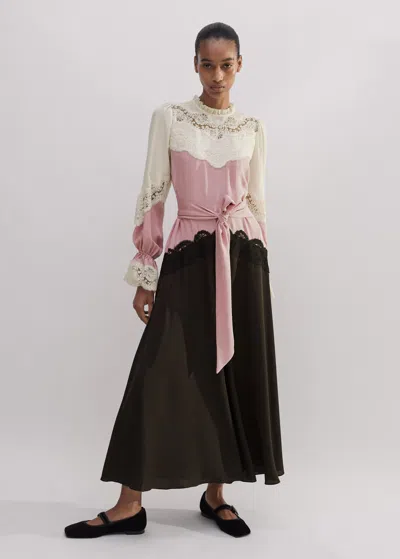 Me+em Silk Color Block Lace Maxi Dress + Belt In Light Cream/iris Pink/double Espresso