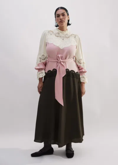 Me+em Silk Color Block Lace Maxi Dress + Belt In Light Cream/iris Pink/double Espresso