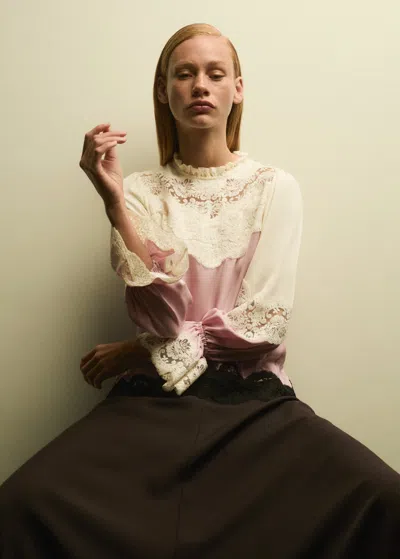 Me+em Silk Color Block Lace Maxi Dress + Belt In Light Cream/iris Pink/double Espresso
