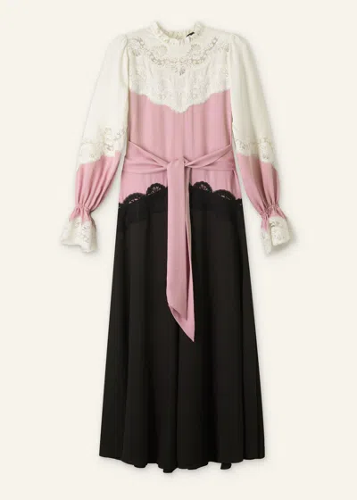 Shop Me+em Silk Color Block Lace Maxi Dress + Belt In Light Cream/iris Pink/double Espresso