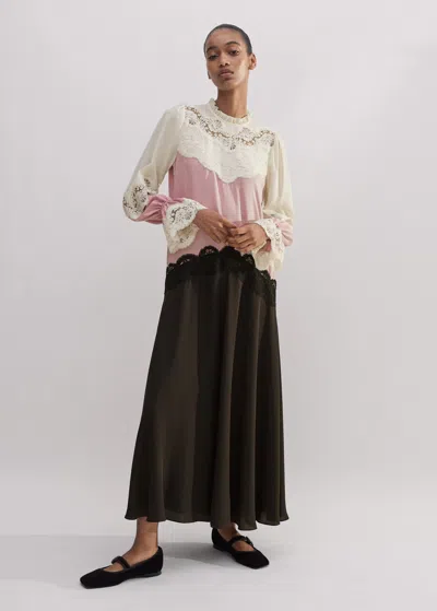 Me+em Silk Color Block Lace Maxi Dress + Belt In Light Cream/iris Pink/double Espresso