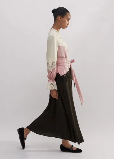 Me+em Silk Color Block Lace Maxi Dress + Belt In Light Cream/iris Pink/double Espresso
