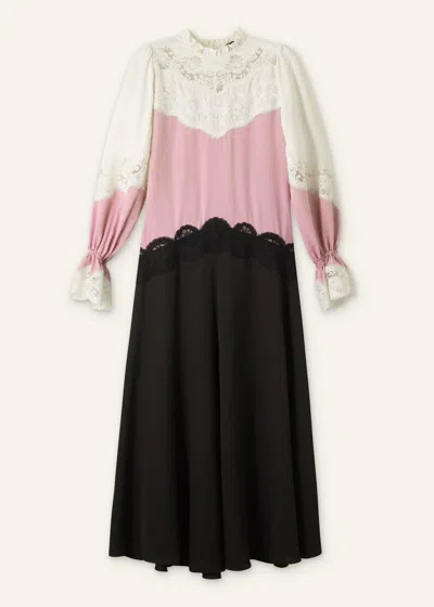 Me+em Silk Color Block Lace Maxi Dress + Belt In Light Cream/iris Pink/double Espresso