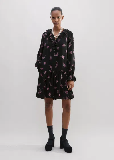 Me+em Silk Scattered Floral Print Short Dress In Black/fresh Lavender Pink