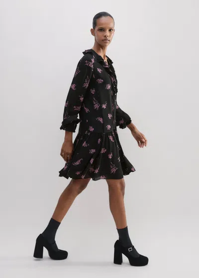 Me+em Silk Scattered Floral Print Short Dress In Black/fresh Lavender Pink
