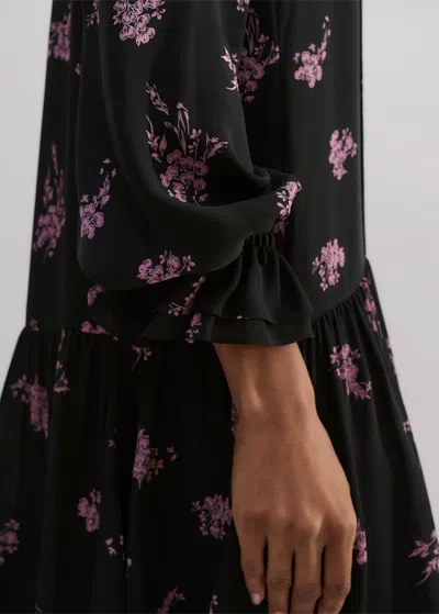 Me+em Silk Scattered Floral Print Short Dress In Black/fresh Lavender Pink