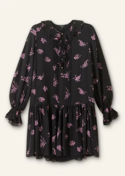 Me+em Silk Scattered Floral Print Short Dress In Black/fresh Lavender Pink