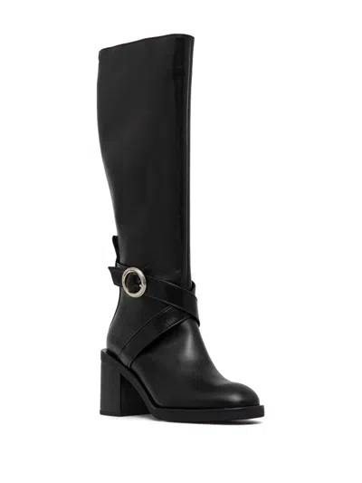 Hugo Boss Knee-high Boots In Leather With Buckled Strap In Black