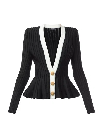 Balmain Structured Knit Jacket With Velvet Inserts In Black