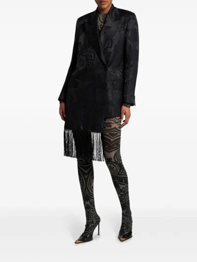 Etro Jacquard Blazer With Belted Waist And Fringed Detail In Black