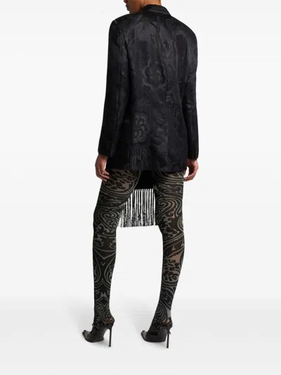 Etro Jacquard Blazer With Belted Waist And Fringed Detail In Black