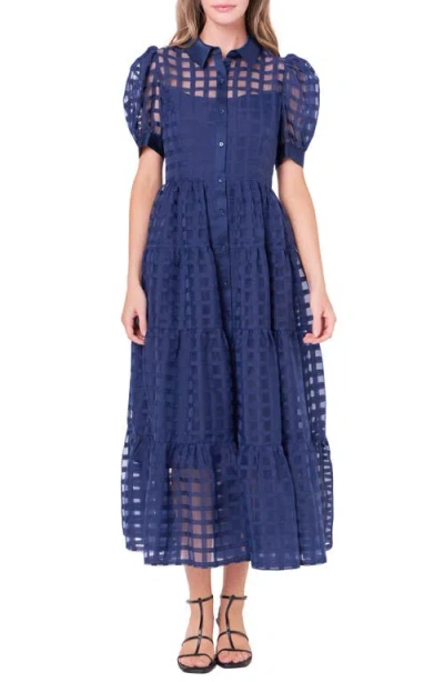 English Factory Grid Pattern Tiered Midi Shirtdress In Navy