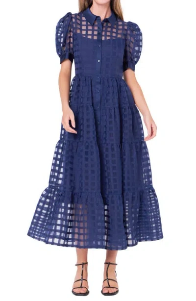English Factory Grid Pattern Tiered Midi Shirtdress In Navy