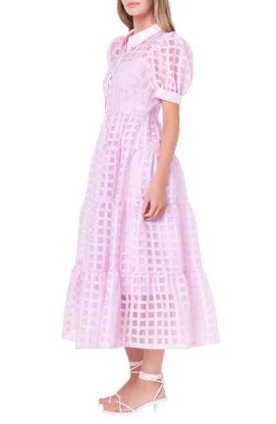 Shop English Factory Grid Pattern Tiered Midi Shirtdress In Lilac