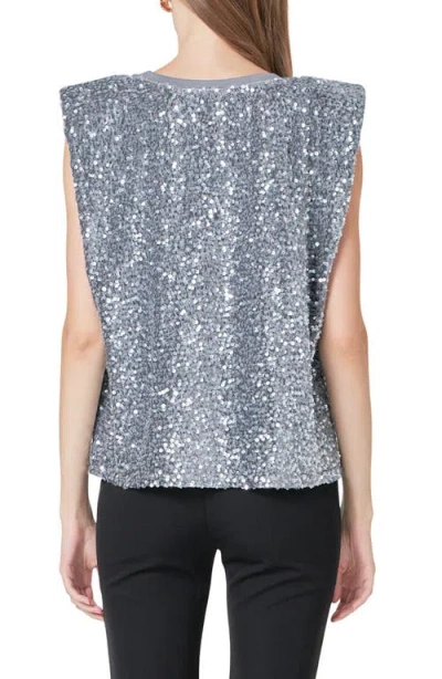 Endless Rose Sequin Padded Shoulder Velvet Top In Grey
