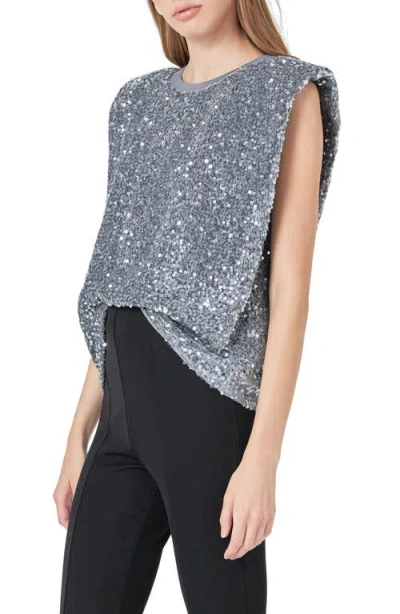 Endless Rose Sequin Padded Shoulder Velvet Top In Grey