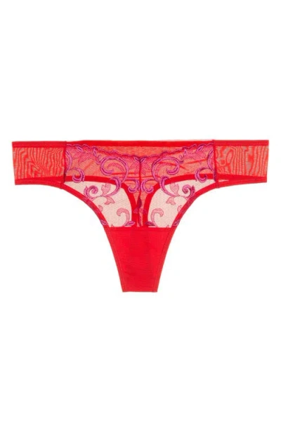 Shop Natori Embroidered Mesh Thong In Neon Red/raspberry Glaze