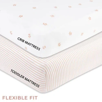 Crib Sheet Set Baby Fitted  2 Pack In Mauve Tulip & Stripes