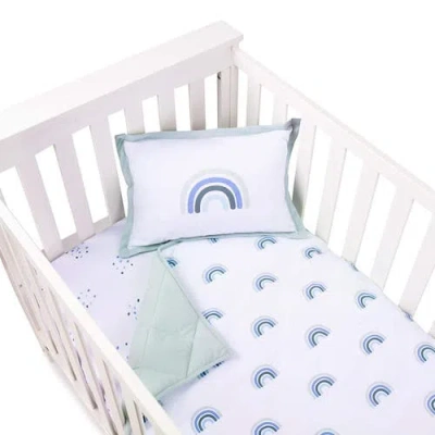 Crib Set Baby Crib Bedding Sets Includes Crib Sheet, Quilted Blanket, Crib Skirt, And Baby Pillowcas In Blue Rainbow