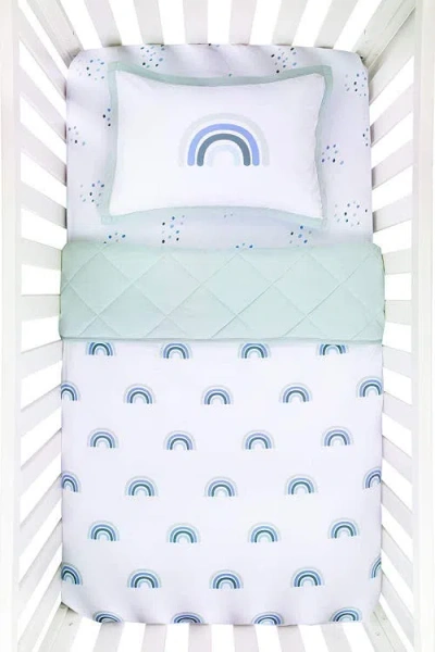 Crib Set Baby Crib Bedding Sets Includes Crib Sheet, Quilted Blanket, Crib Skirt, And Baby Pillowcas In Blue Rainbow