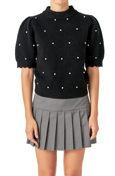 Shop English Factory Embellished Short Sleeve Sweater In Black