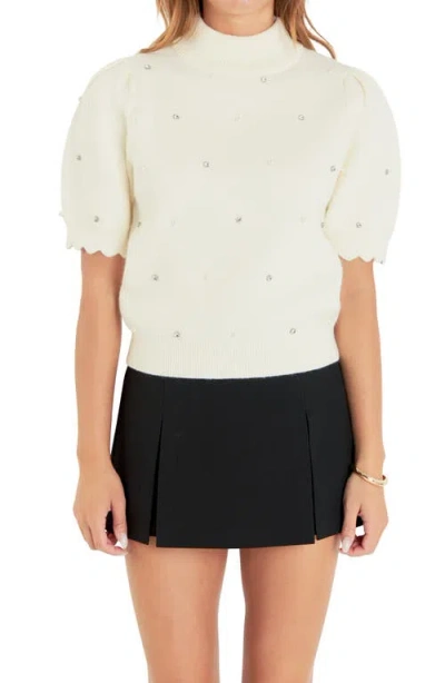 English Factory Embellished Short Sleeve Sweater In White