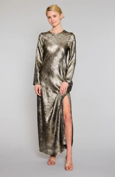 Shop Melloday Metallic Long Sleeve Bias-cut Maxi Dress In Gold/black