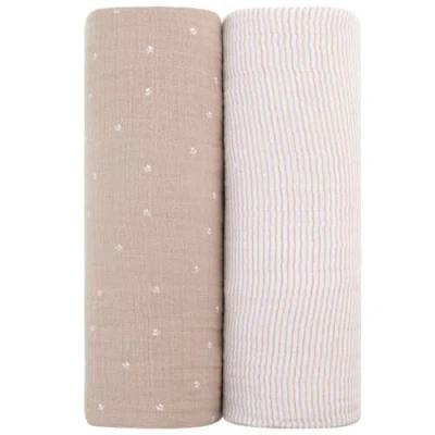 Swaddle Blanket Cotton Muslin  2 Pack In White Tulip On Pink/stripes