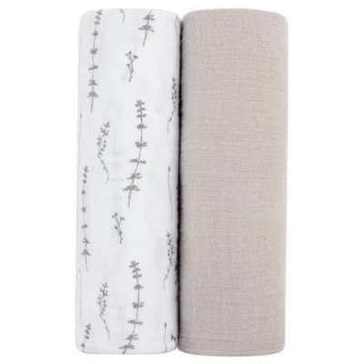 Swaddle Blanket Cotton Muslin  2 Pack In Grey Leaves/solid Pebble Grey