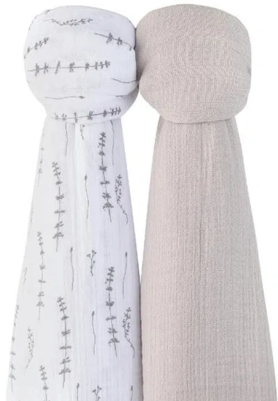 Swaddle Blanket Cotton Muslin  2 Pack In Grey Leaves/solid Pebble Grey