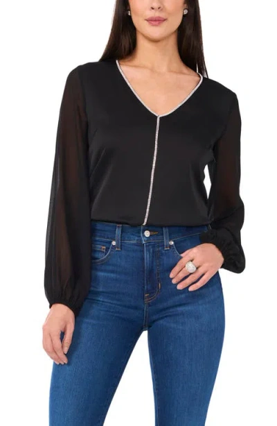 Vince Camuto Rhinestone Chiffon Sleeve Top In Rich Black
