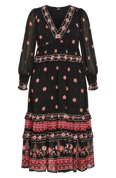 City Chic Eleni Batik Border Print Long Sleeve Maxi Dress In Black Batik Border