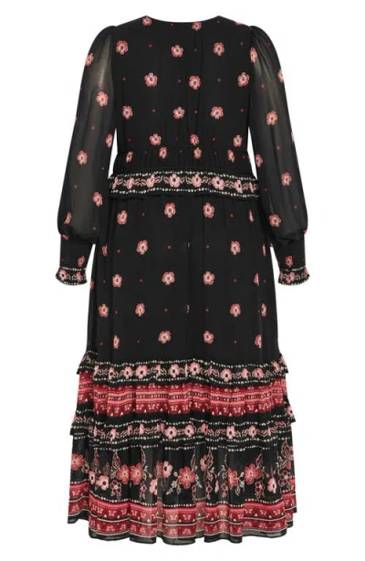 City Chic Eleni Batik Border Print Long Sleeve Maxi Dress In Black Batik Border