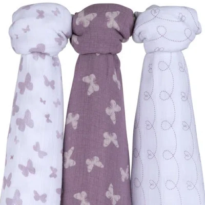 Swaddle Blanket Cotton Muslin  3 Pack In Lavender Butterfly