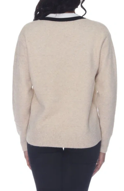 Rain And Rose V-neck Varsity Sweater In Beige