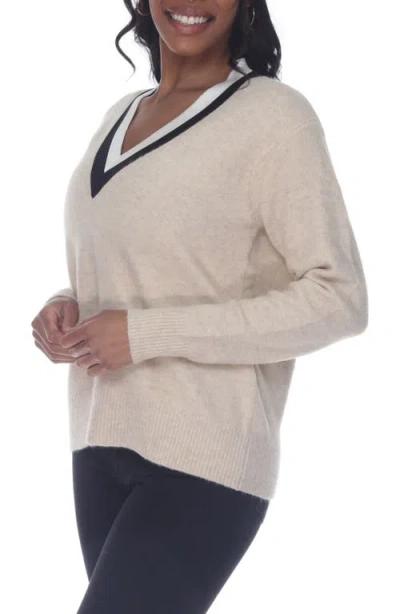 Rain And Rose V-neck Varsity Sweater In Beige