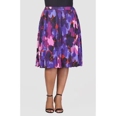 24seven Comfort Apparel Shimmery Pleated Floral Skirt In Purple Multi