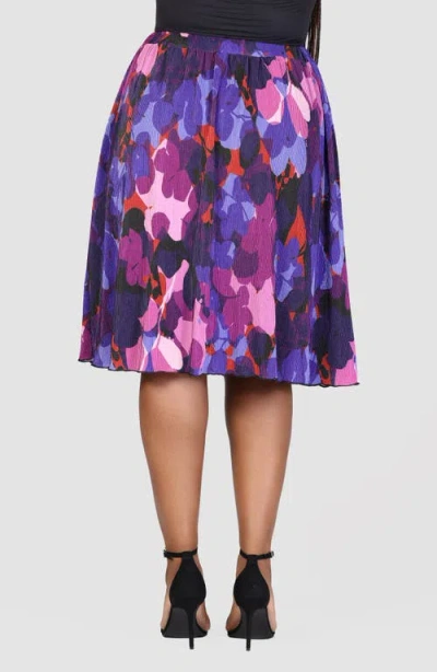 24seven Comfort Apparel Shimmery Pleated Floral Skirt In Purple Multi