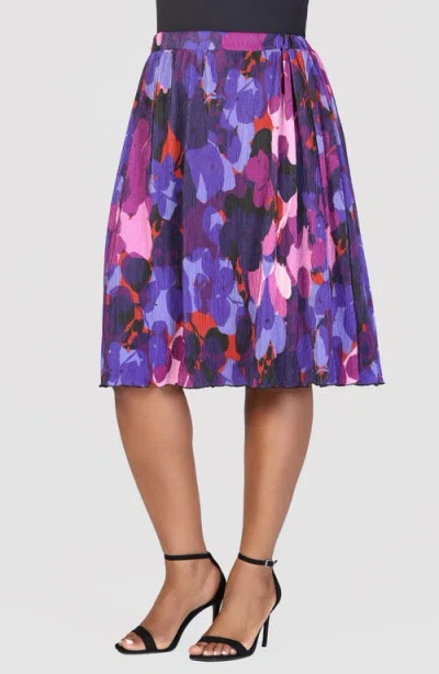 24seven Comfort Apparel Shimmery Pleated Floral Skirt In Purple Multi