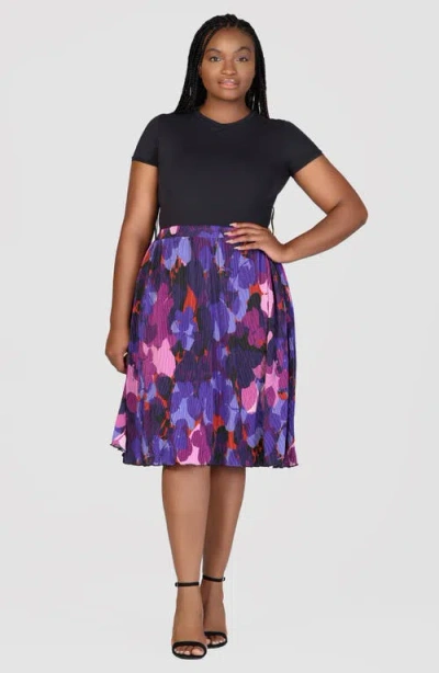 24seven Comfort Apparel Shimmery Pleated Floral Skirt In Purple Multi