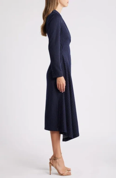 Shop Zoe And Claire Pinstripe Long Sleeve Wrap Blazer Dress In Navy