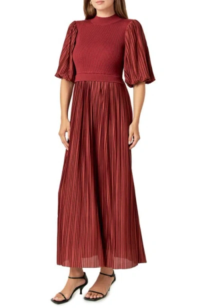 English Factory Mixed Media Pleated Dress In Brick