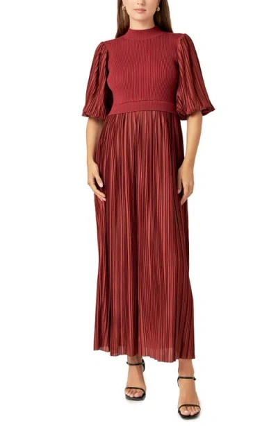 English Factory Mixed Media Pleated Dress In Brick