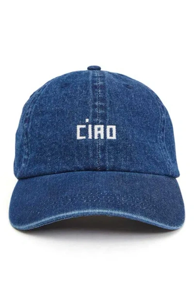Clare V . Ciao Denim Baseball Cap In Navy W Embroid Cream Ciao